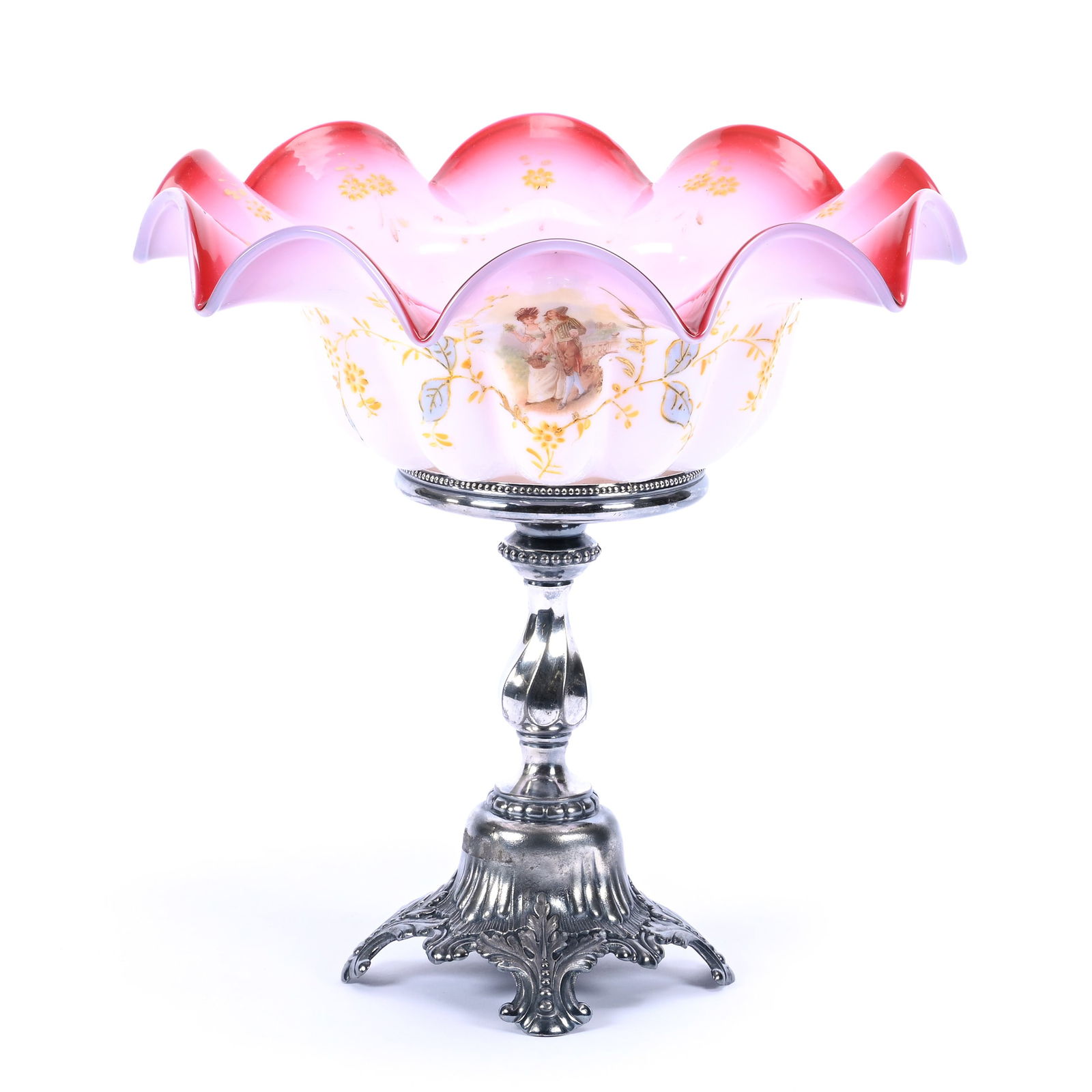 Victorian Brides Basket, Pink And White Cased Art Glass Bowl, Enamel Floral Decor (1 of 5)