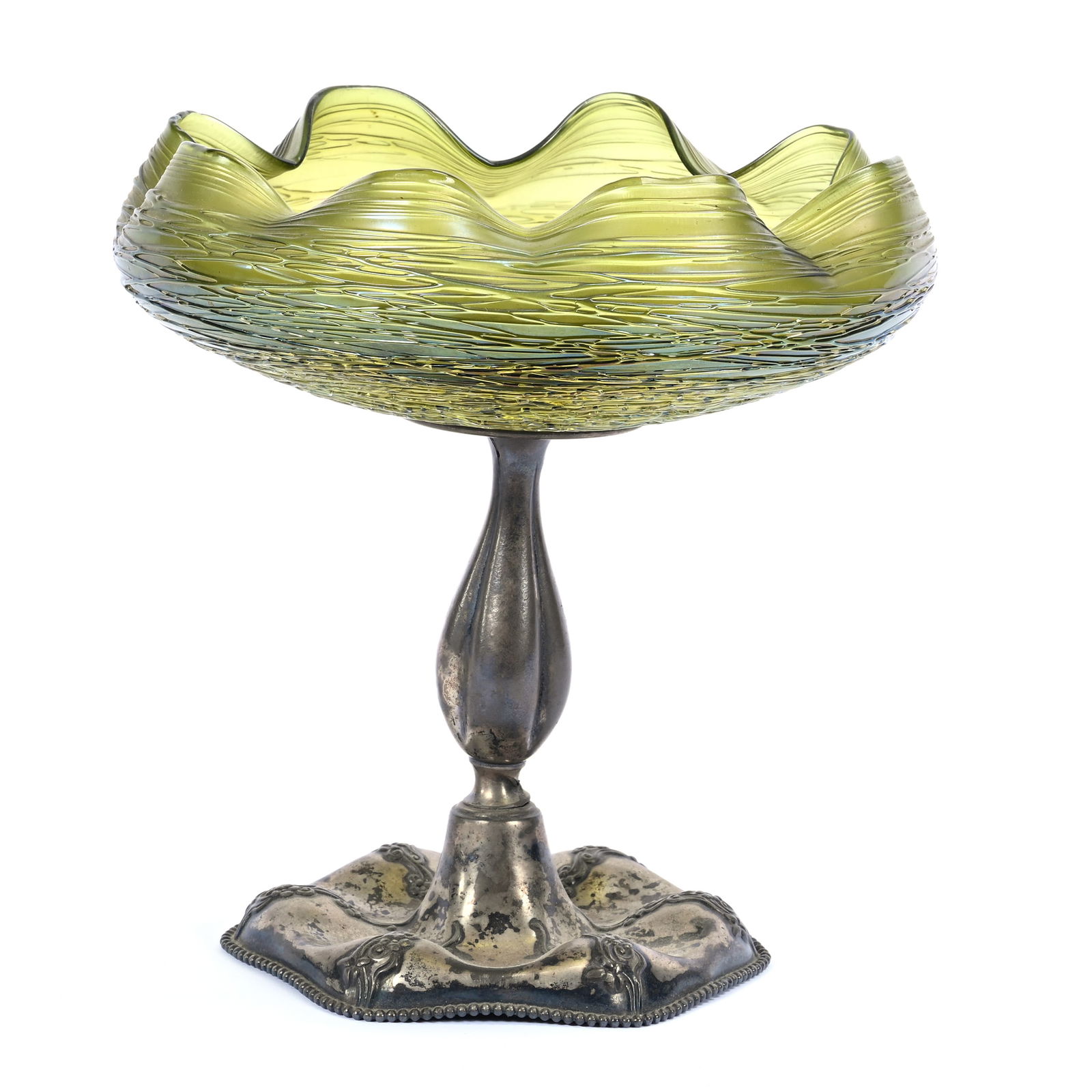 Centerpiece, Green Loetz Style Threaded Art Glass Bowl (1 of 4)