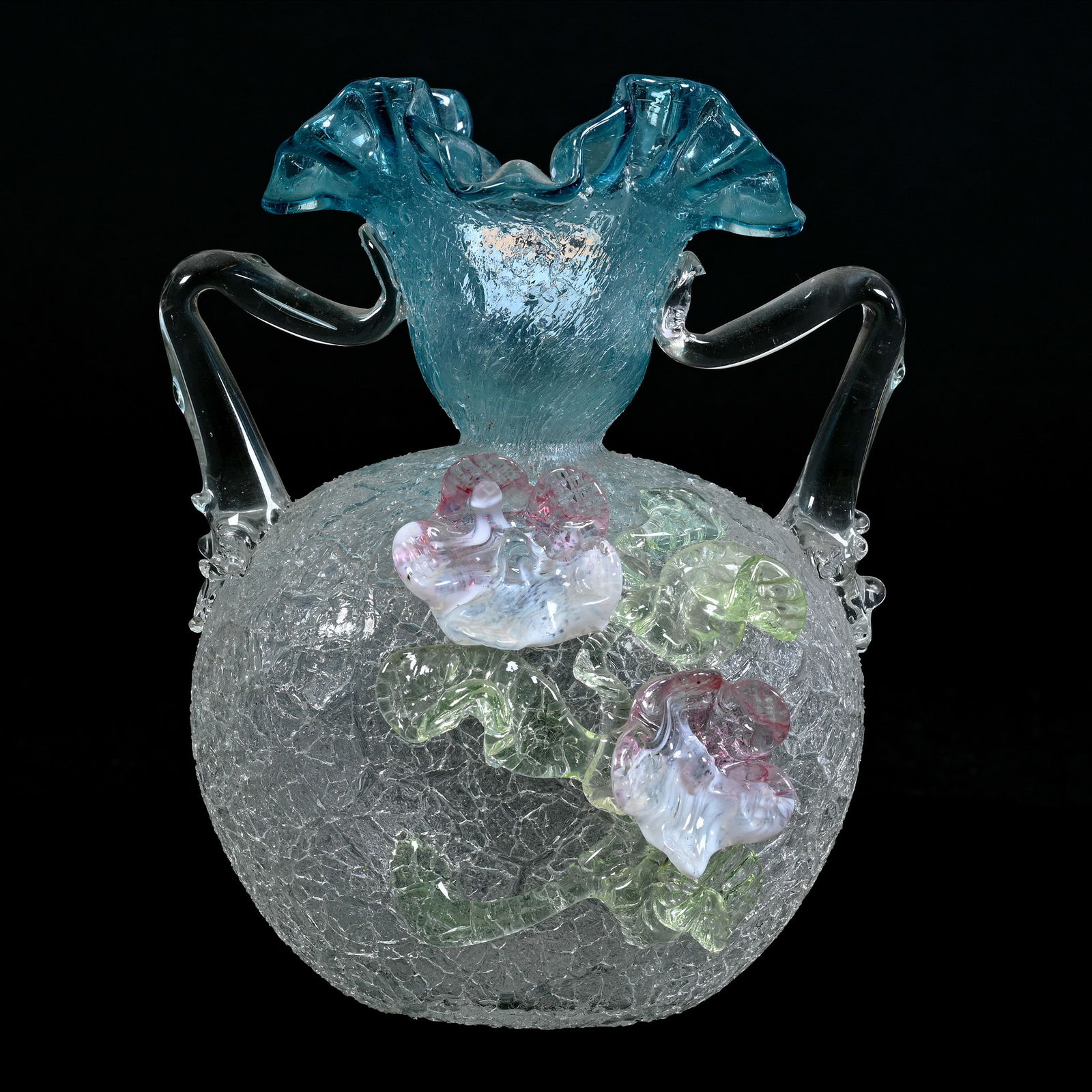Vase, Two Handles, Blue Shading To Clear Overshot Crackle Art Glass (1 of 4)