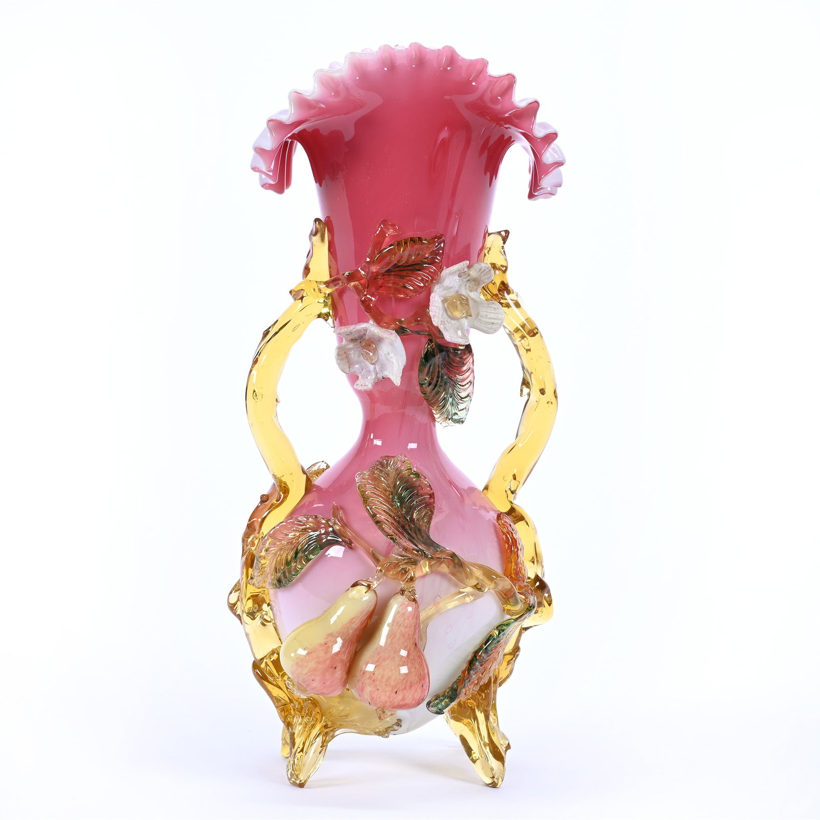 Footed Vase, Cased Peachblow Art Glass, Applied Amber Handles, Branches & Colorful Fruit: Footed Vase, Cased Peachblow Art Glass, Applied Amber Handles, Branches & Colorful Fruit, 13.75" x 6", Two Petal Blossoms Repaired, Ray Callander Collection.