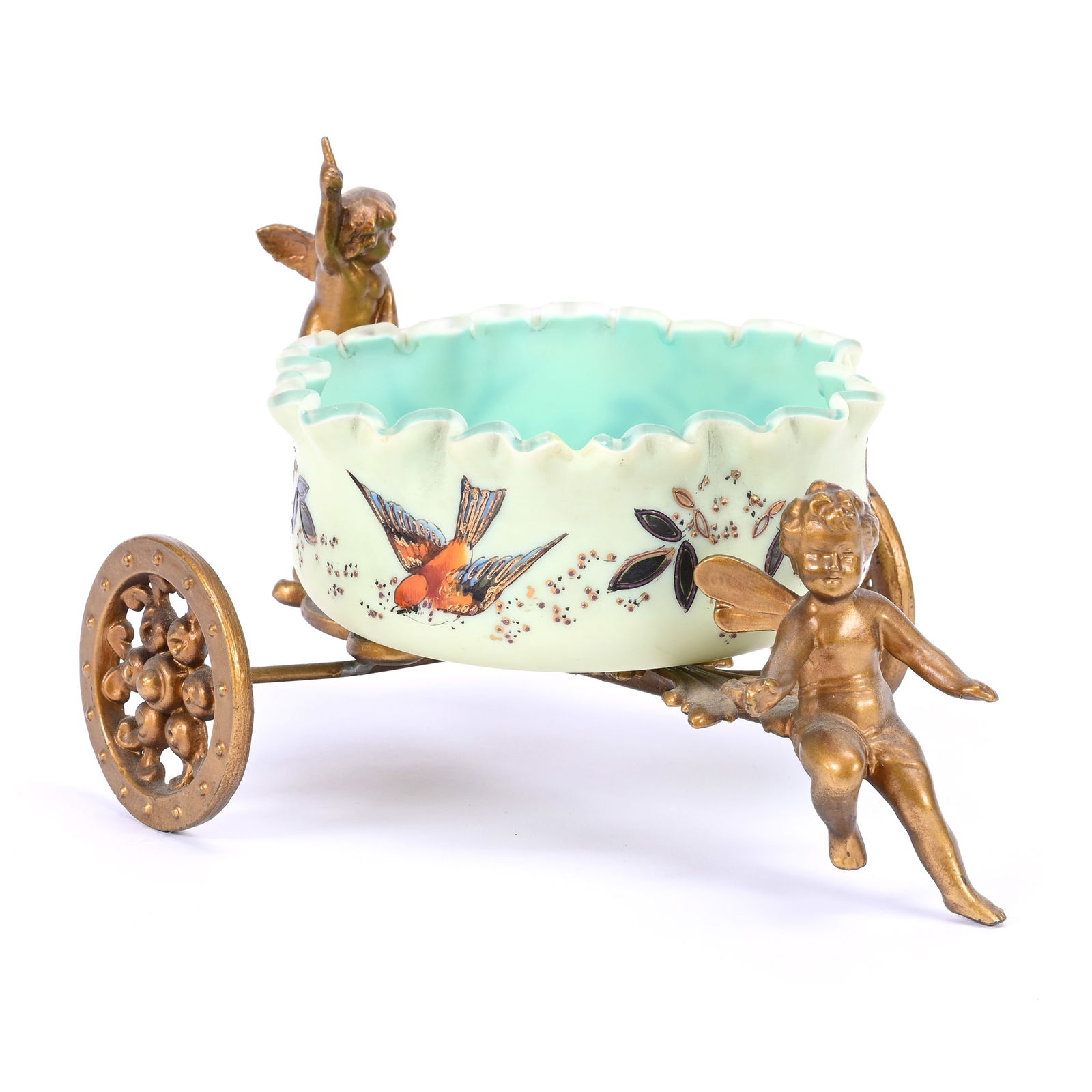 Small Victorian Brides Basket, White Cased Satin Art Glass Bowl, Blue Interior (1 of 4)