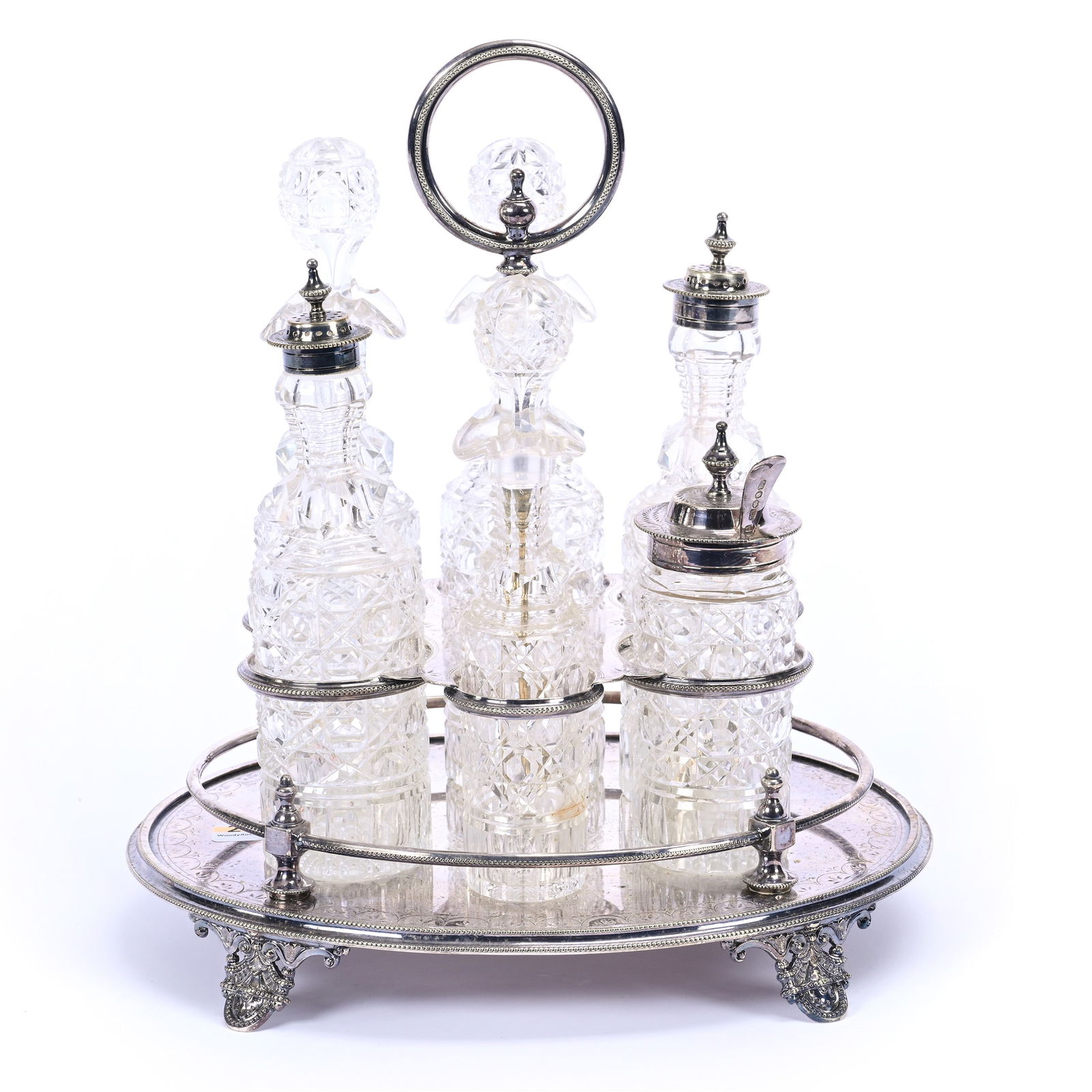 English Castor Set, Brilliant Period Cut Glass, (6) Original Bottle Inserts In Cane Pattern (1 of 5)