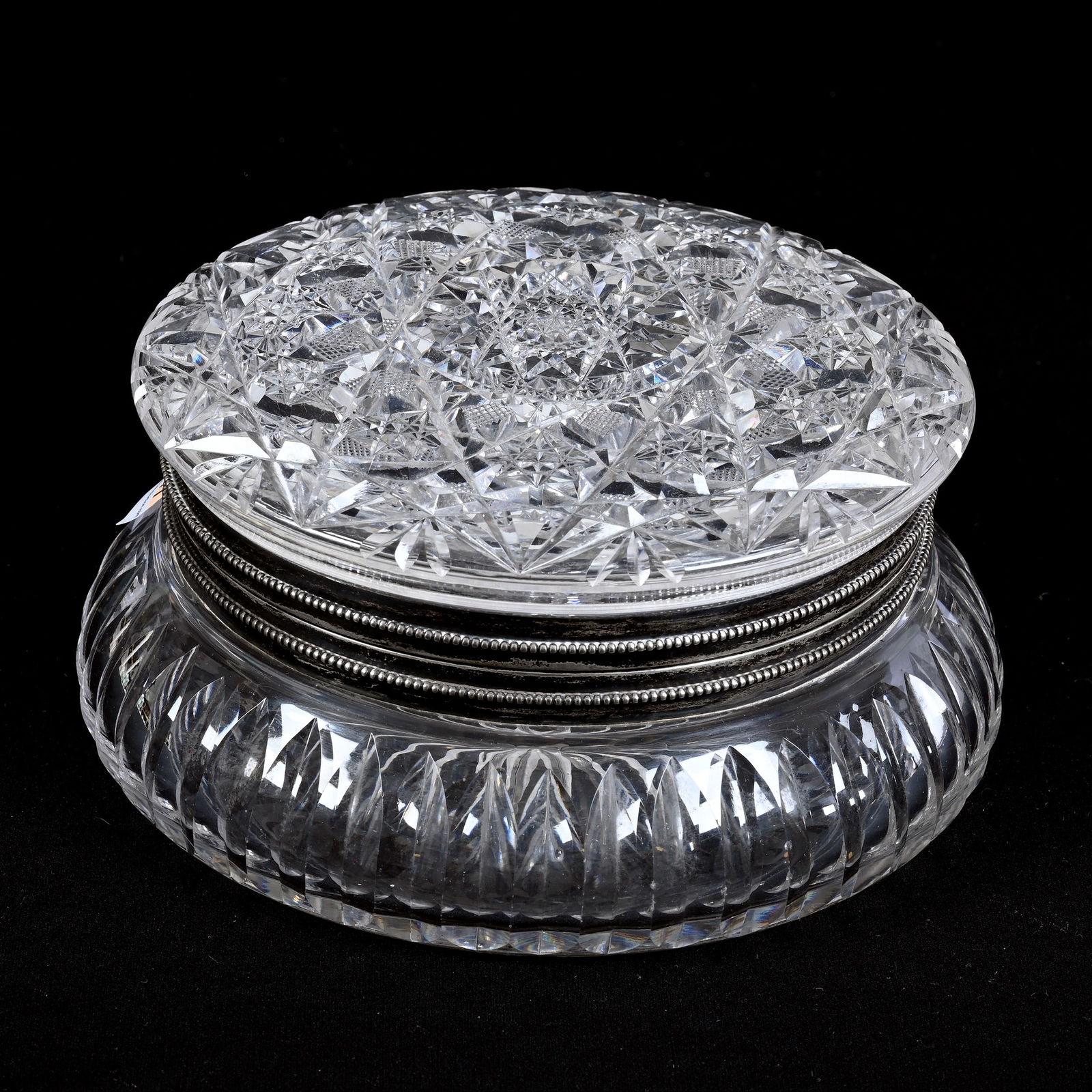 Dresser Box, American Brilliant Cut Glass, Marked C.F. Monroe Sterling Silver Collar (1 of 3)