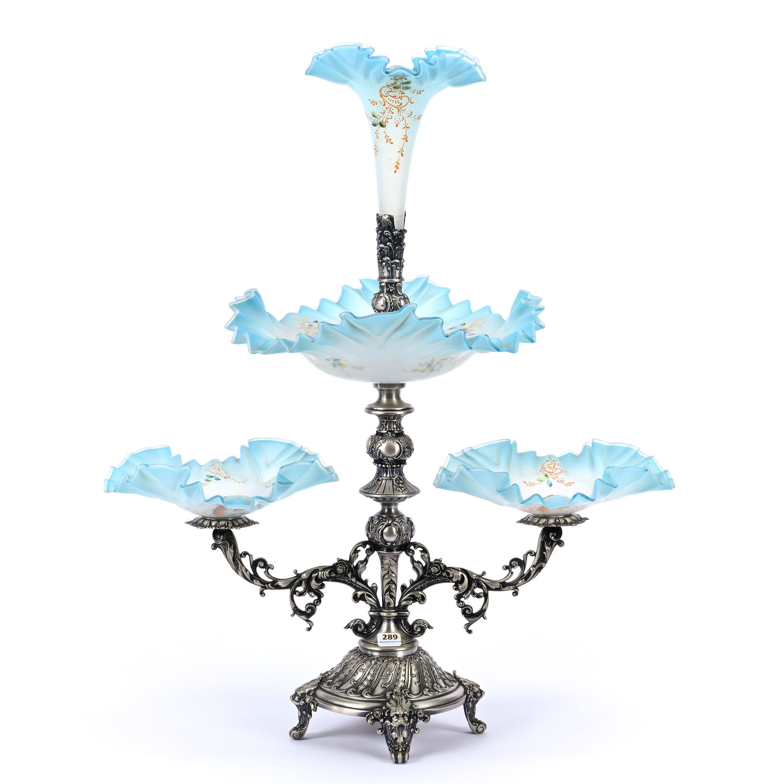 Centerpiece Epergne, Blue Frosted Art Glass Bowls (3) & Center Lily (1 of 4)