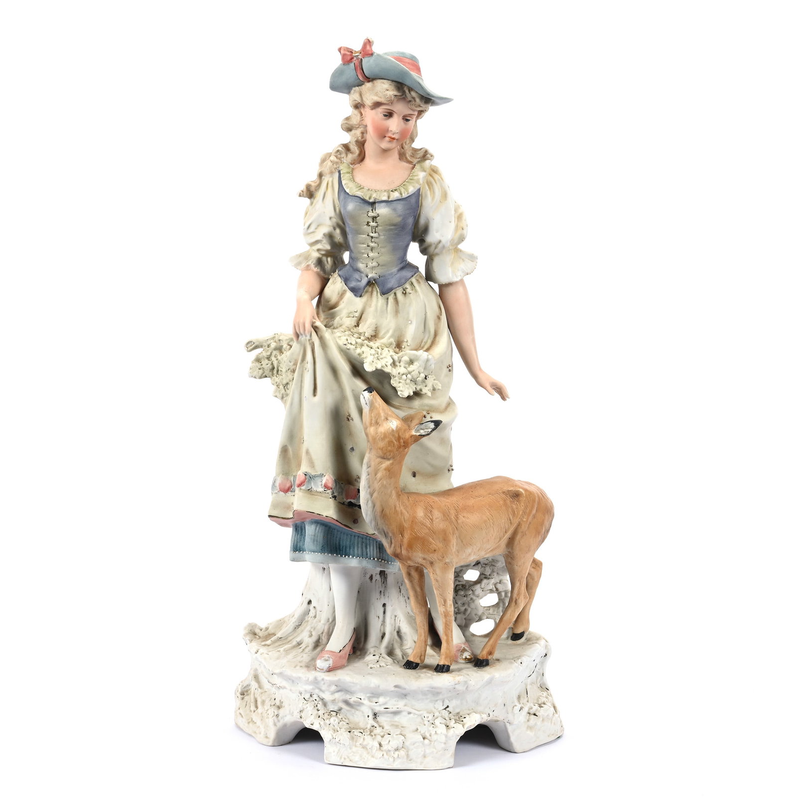 German Bisque Figurine, Young Woman Gathering Plants With Fawn At Side, Model #11728 (1 of 4)