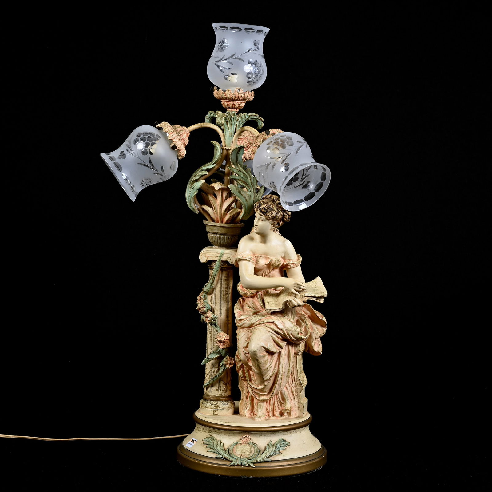 Figural Metal Lamp, Woman Seated Near Column, Going Through Music Book (1 of 4)