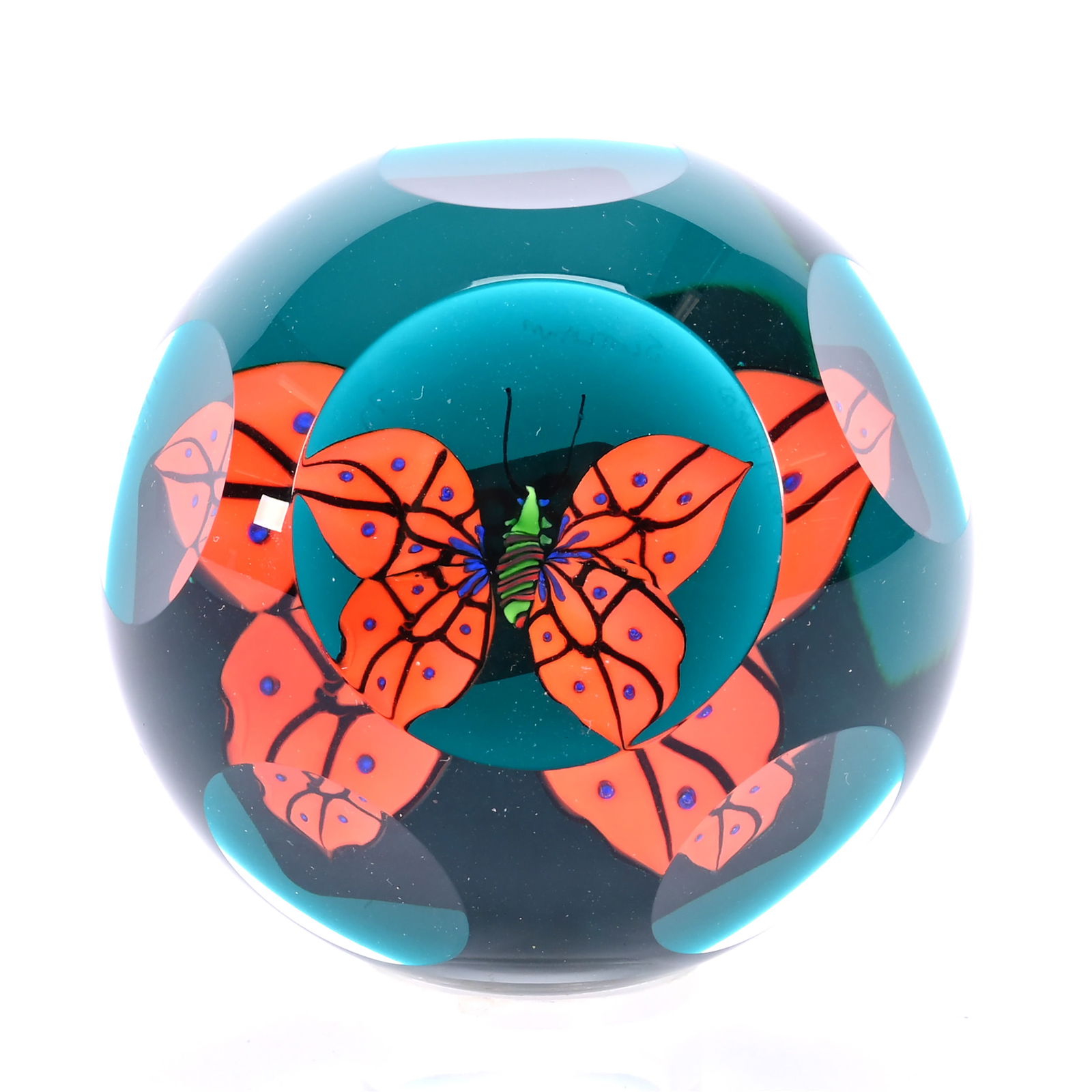 Paperweight Marked Caithness, Dated 1977, Titled "Butterfly": Paperweight Marked Caithness, Dated 1977, Titled "Butterfly", 2" x 2.5", Teal Green Ground With Orange Butterfly And Five Facet Cut Windows, J. Quentin Brasted Collection, Kansas.