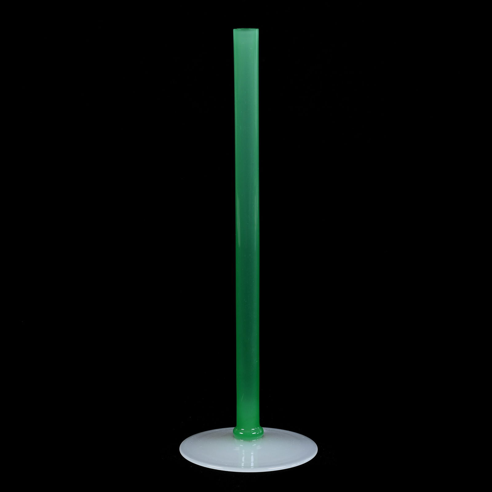 Bud Vase, Unmarked Steuben Art Glass, Green Jade Stem, Alabaster Foot (1 of 3)