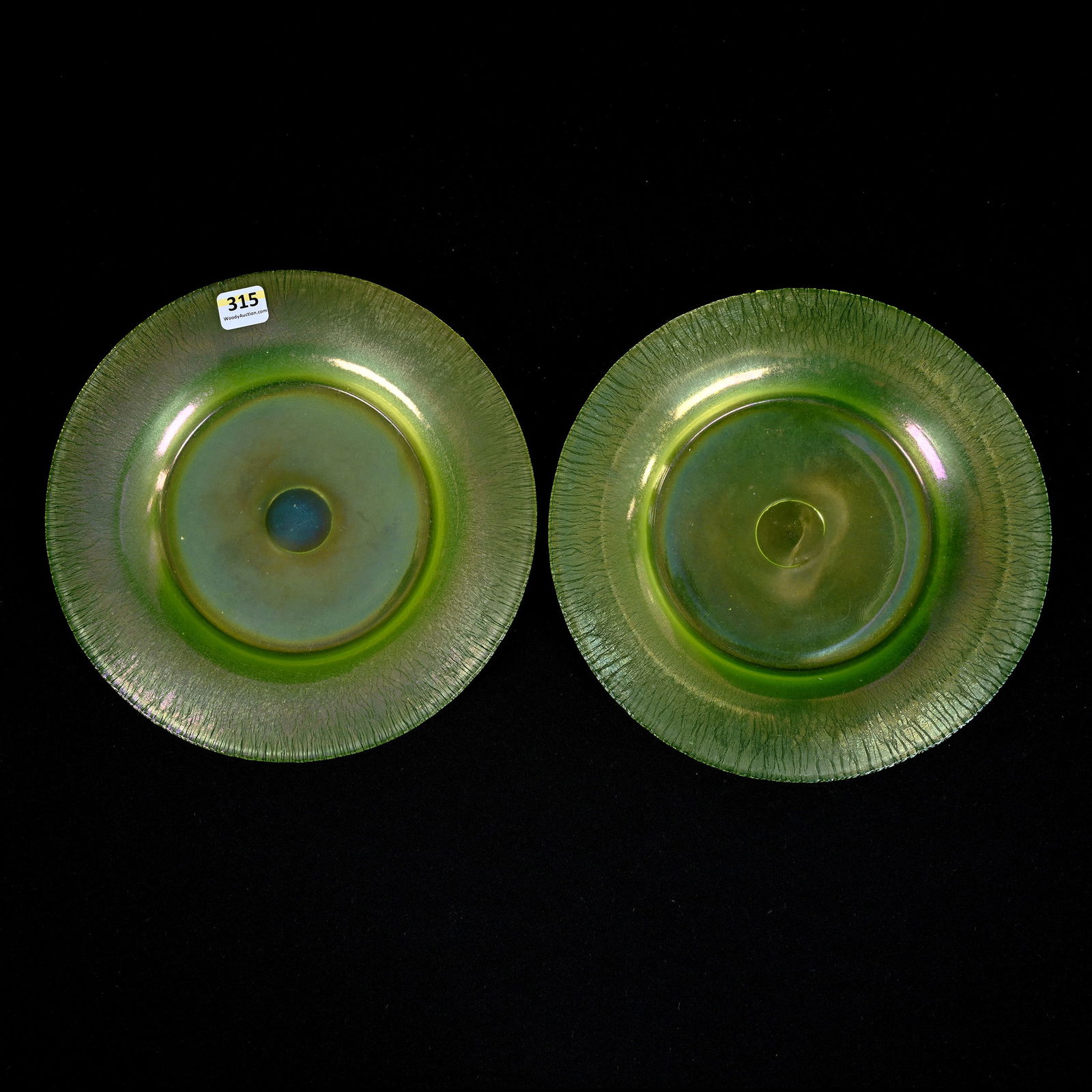 Pair Stretch Vaseline Art Glass Plates, Highly Reactive Under Black Light (1 of 3)