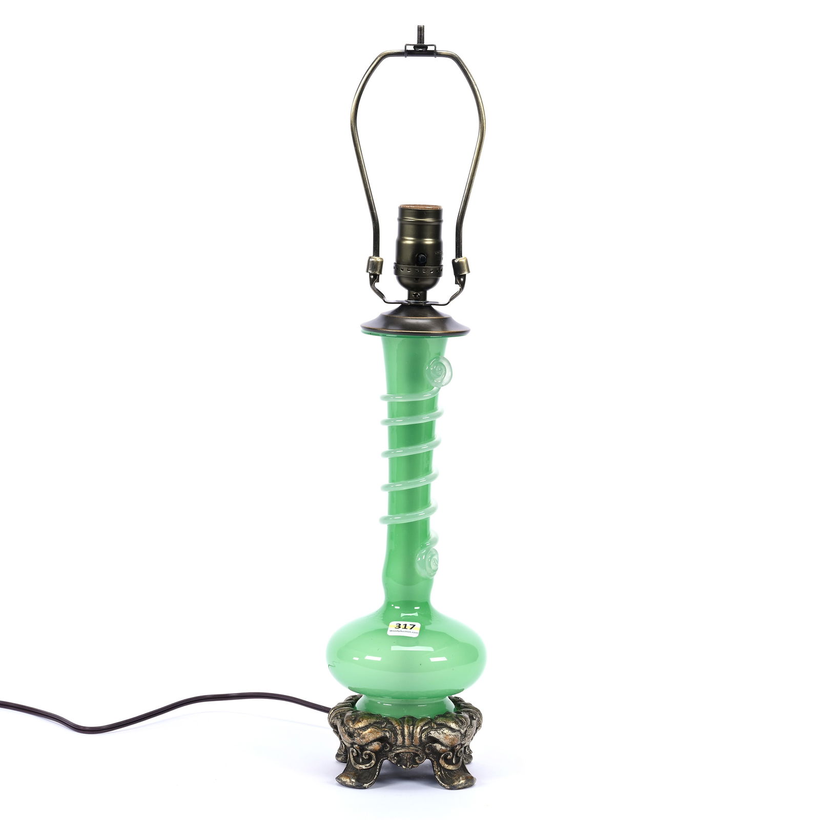 Lamp Base, Green Jade Art Glass By Steuben, Applied Alabaster Swirl Design (1 of 3)