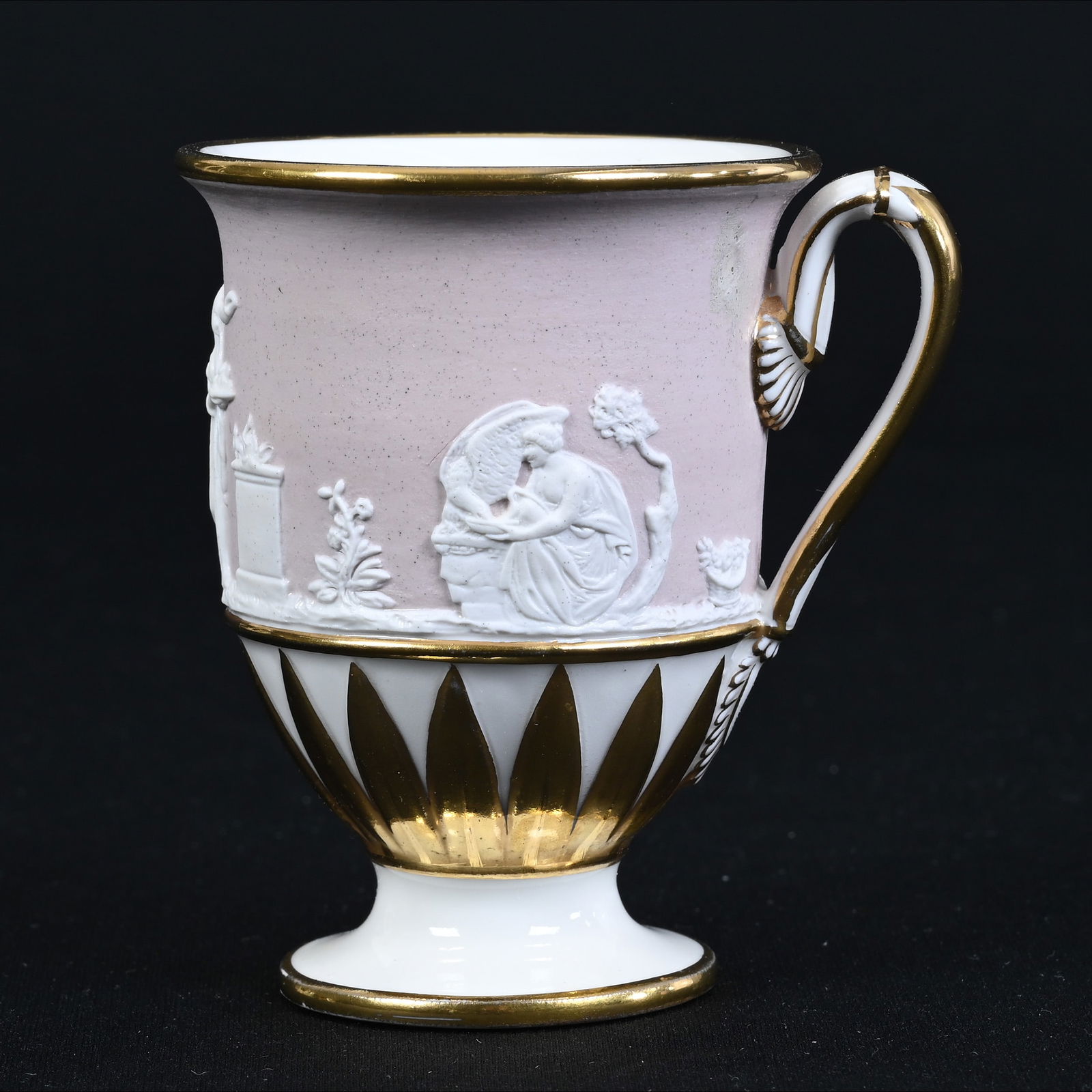 Pedestal Cup Marked Meissen (Blue Crossed Swords), Pink Ground, White Classic Relief Scene (1 of 4)
