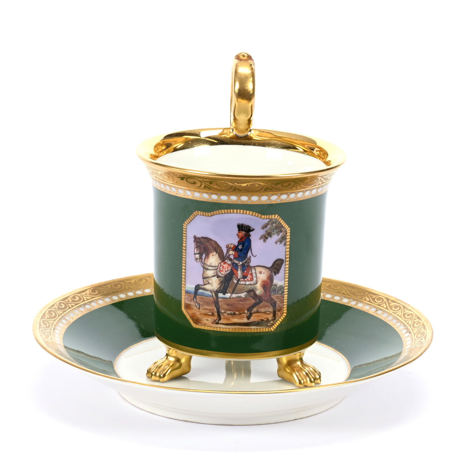 Cup & Saucer Marked KPM #125/610, Green Border, Brocaded Gold Trim (1 of 3)