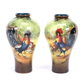 Pair Vases Marked Royal Bonn, Exceptional Hand Painted Decor Of Fighting Cocks, Artist Signed