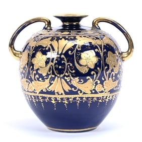 Vase Marked Nippon (Faint Mark), Cobalt Blue With Extensive Gold Floral and Scroll Decor