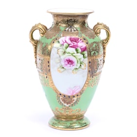 Vase, Nippon Maple Leaf Mark, Green Ground With Floral Medallions, Extensive Gold