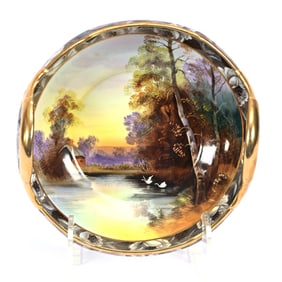 Bowl, Two Handles, Nippon Wreath Mark, Swan And Lake Scenic Decor