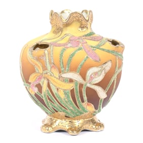 Vase, Footed, Marked Patent Applied For Japan, Coralene Floral Decor, Brown and Yellow
