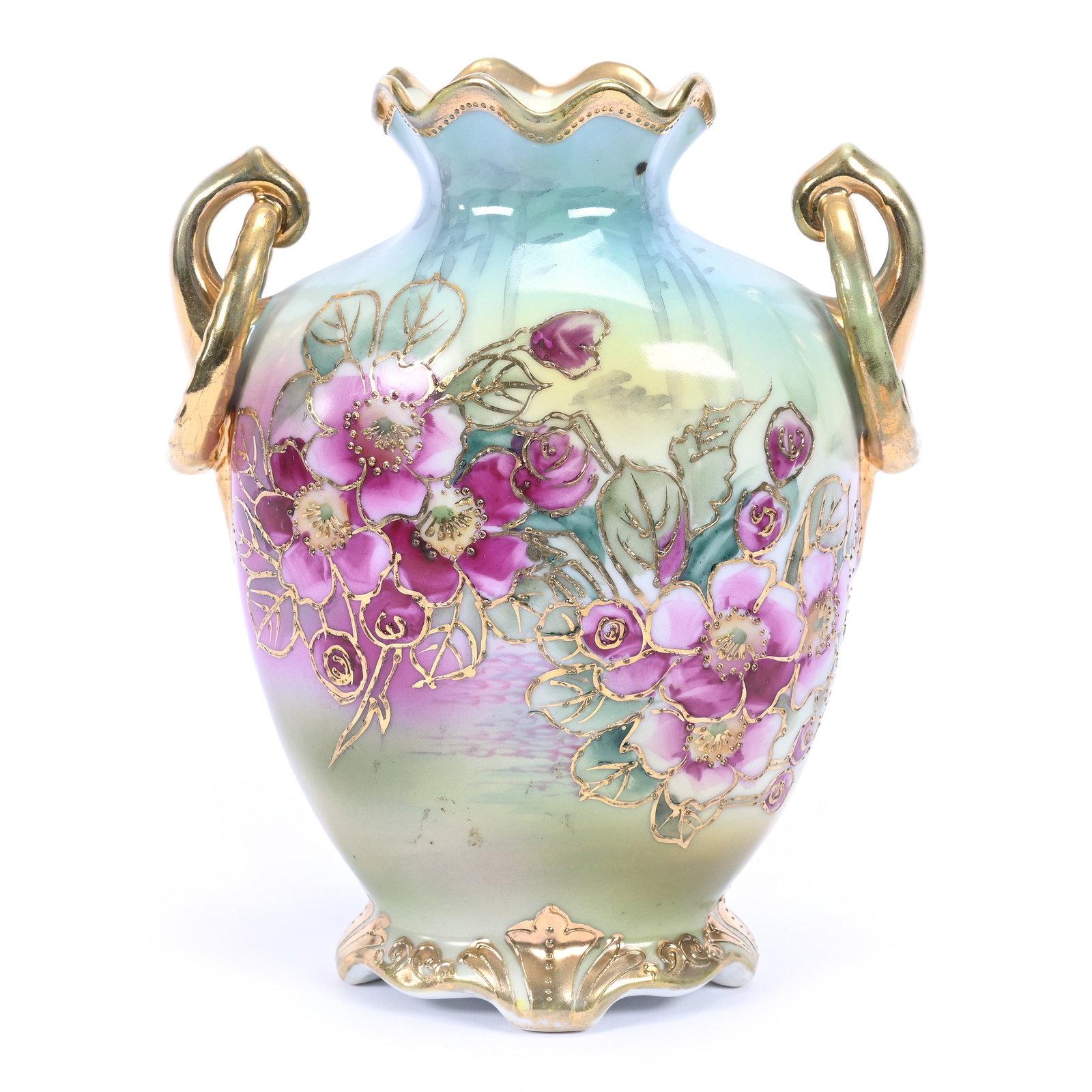 Vase, Nippon Maple Leaf Mark, Two Handles, Blue, Green and Pink Tones, Floral Decor (1 of 3)