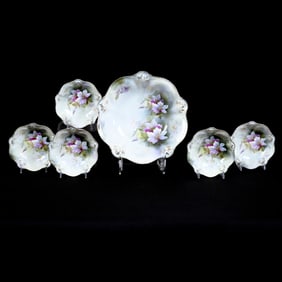 Berry Set Marked R.S. Prussia, White and Green Tones, Violet Decor, Gold Stencil Highlights