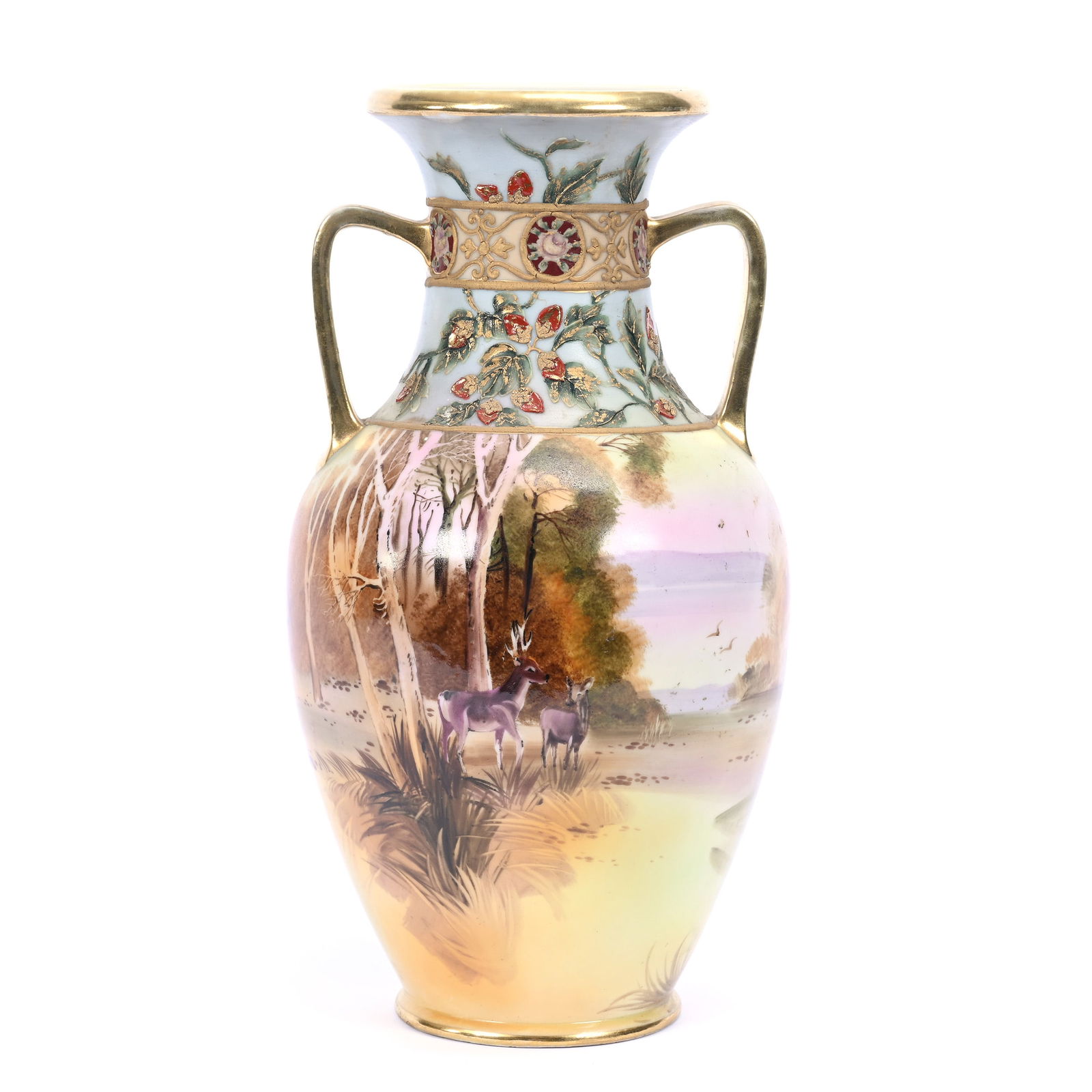 Vase, Nippon Wreath Mark, Stag and Doe Landscape Scenic Decor, Moriaga Highlights: Vase, Nippon Wreath Mark, Stag and Doe Landscape Scenic Decor, Moriaga Highlights, 13.25" x 7", Two Handles, Kansas Private Collection.