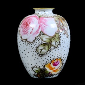 Vase, Nippon Maple Leaf Mark, White With Large Colorful Rose Decor