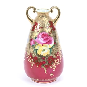 Vase, Marked ICOE Japan, Red Background With Rose Decor Medallion, Heavy Gold Trim