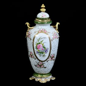 Covered Urn, Nippon Maple Leaf Mark, White With Green Border, Colorful Floral Medallions