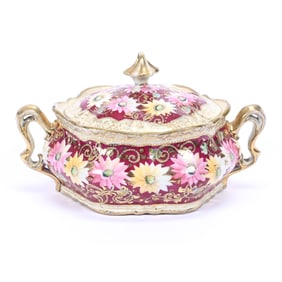 Cracker Jar, Royal Kinran Nippon, Red Background, Colorful Floral Decor, Gold Stencil Highlights