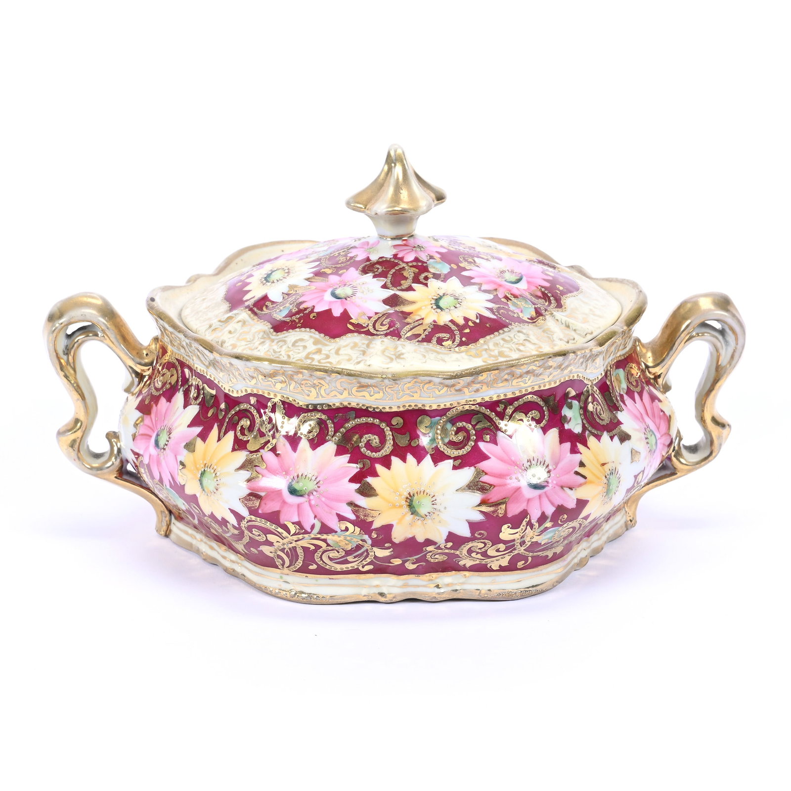 Cracker Jar, Royal Kinran Nippon, Red Background, Colorful Floral Decor, Gold Stencil Highlights (1 of 3)