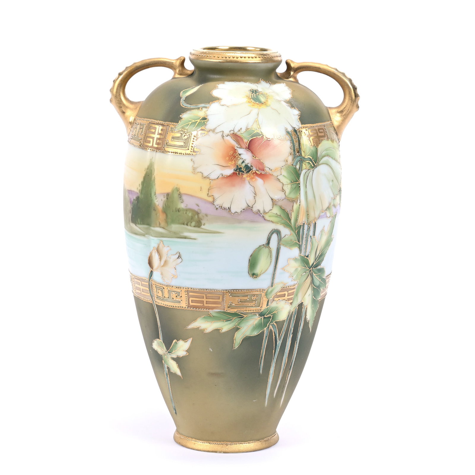 Vase, Nippon Wreath Mark, Lake Scenic Decor, Green Border, Large Floral Poppy Highlights (1 of 3)