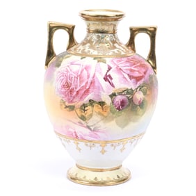 Vase, Nippon Maple Leaf Mark, Rose Decor, Sharkskin Texture Body, White and Yellow Border