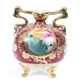 Footed Vase, Unmarked Nippon, Red and Yellow Tones, Floral Medallion Decor