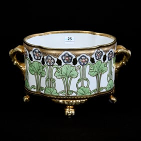 Footed Ferner, Nippon Wreath Mark, White With Green Leaf and Floral Blossom Highlights