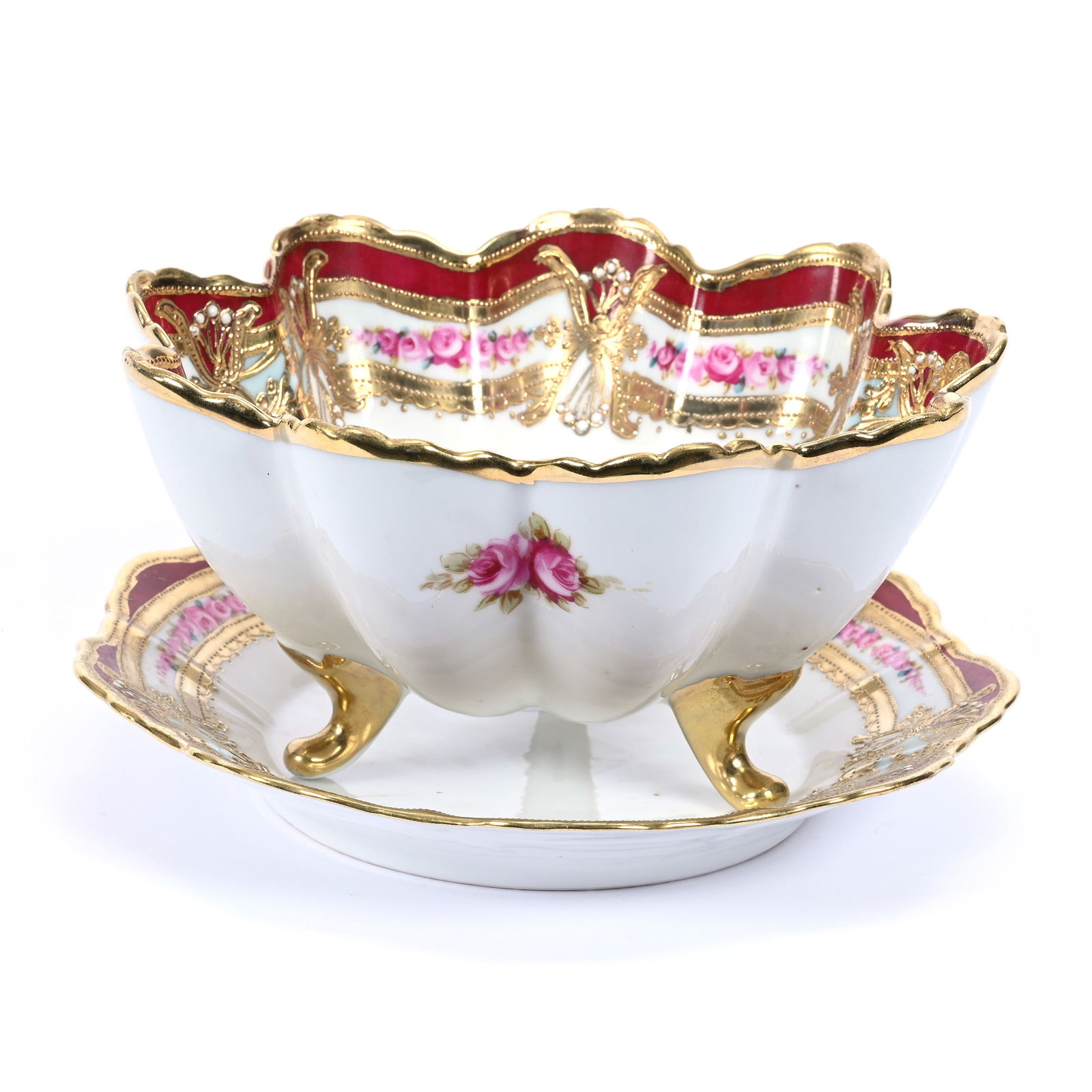 Fruit Strainer and Underplate Marked R.C. Nippon, White With Red Border: Fruit Strainer and Underplate Marked R.C. Nippon, White With Red Border, 3.75" x 7.25", Pink Rose Decor, Heavy Gold Trim Highlights, Kansas Private Collection.