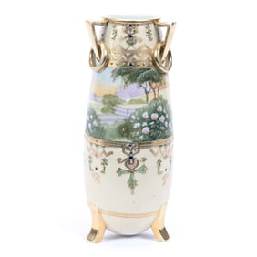 Footed Vase, Three Handles, Nippon Maple Leaf Mark, Scenic Field Decor, Cream Border