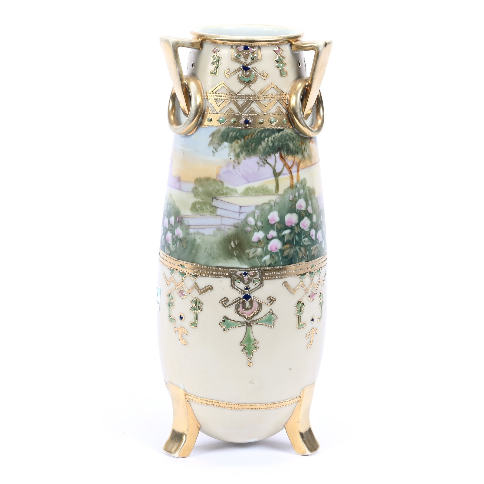 Footed Vase, Three Handles, Nippon Maple Leaf Mark, Scenic Field Decor, Cream Border (1 of 3)