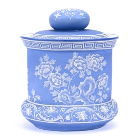 Oval Humidor, Nippon Wreath Mark, Blue and White Wedgwood Style Floral Decor
