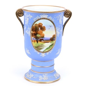 Pedestal Chalice Vase, Nippon Wreath Mark, Blue and White Wedgwood Style Background