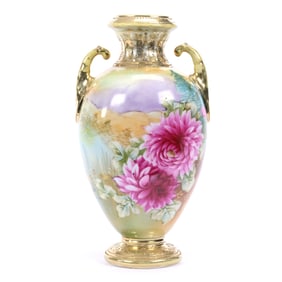 Pedestal Vase, Nippon Maple Leaf Mark, Field and Pink Floral Decor, Gold Trim Highlights