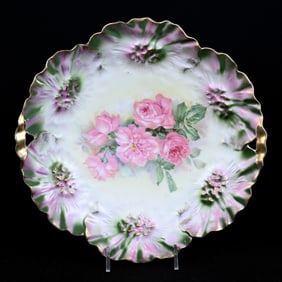 Cake Plate Marked R.S. Prussia, Sunflower Mold, Satin And Tiffany Finish