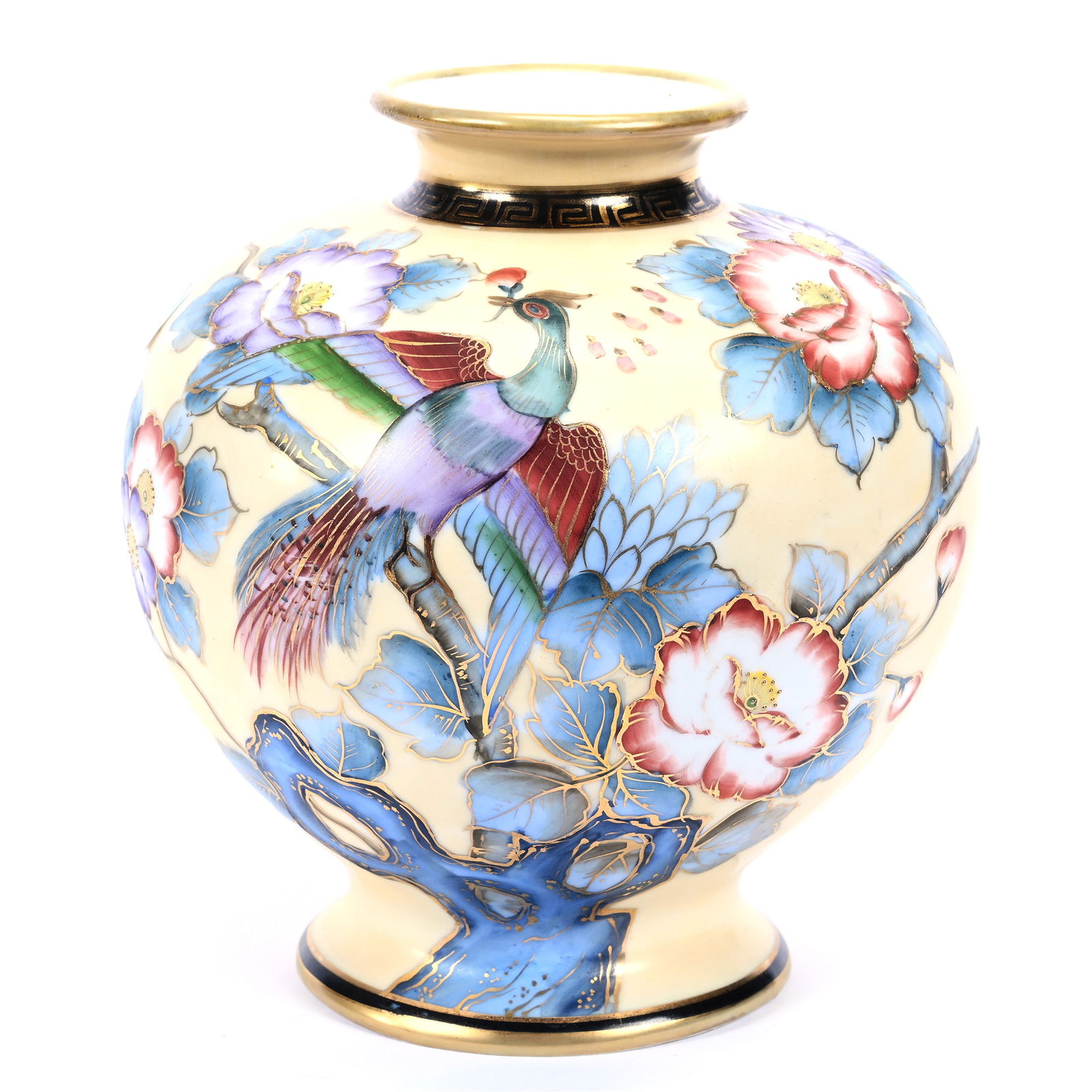 Vase, Nippon Wreath Mark, Cream Tones With Branch, Blossom and Bird Decor: Vase, Nippon Wreath Mark, Cream Tones With Branch, Blossom and Bird Decor, 7.25" x 6.75", Kansas Private Collection.