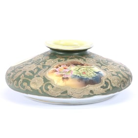 Squat Vase, Nippon Maple Leaf Mark, Green With Floral Medallion Scenes, Heavy Gold Floral Highlights