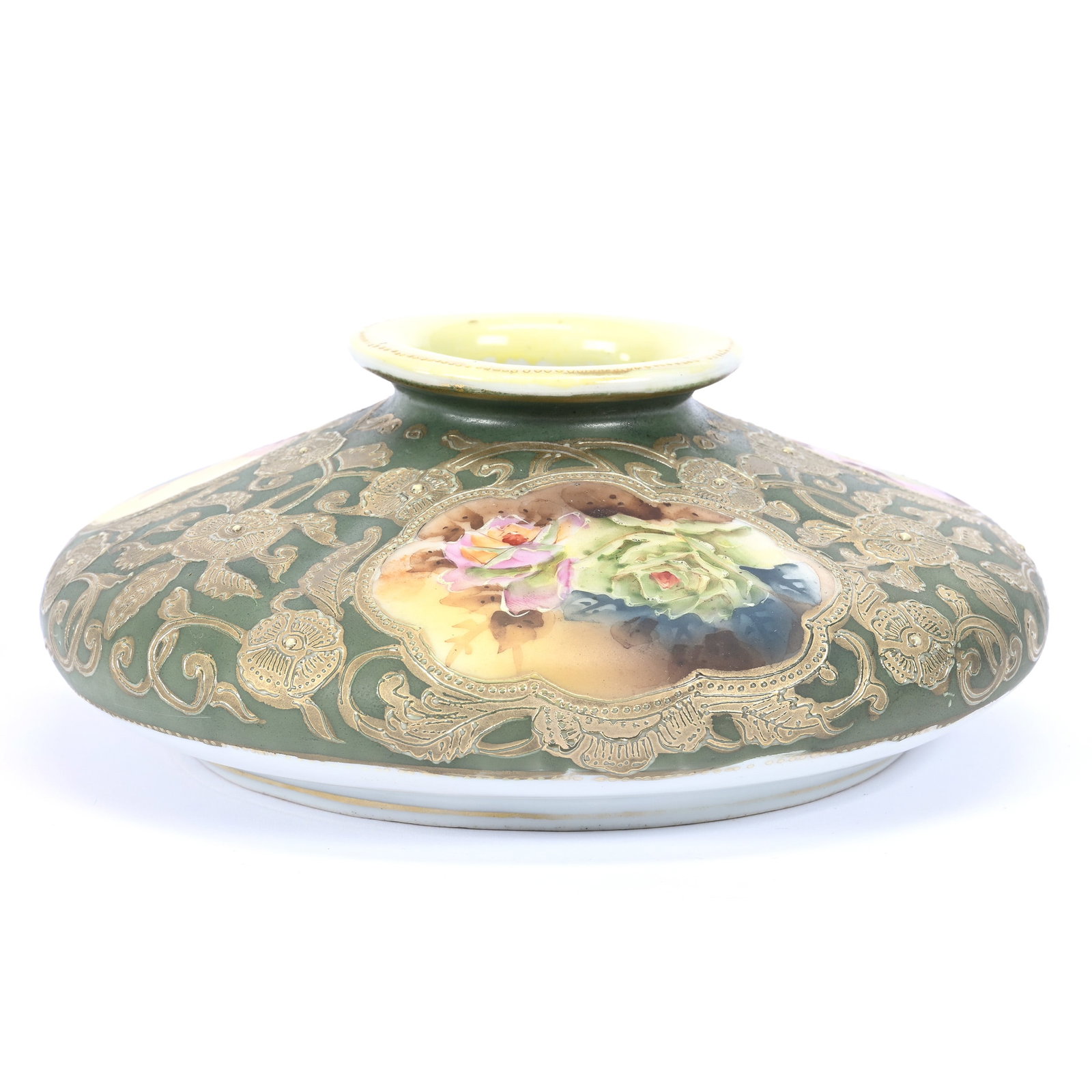 Squat Vase, Nippon Maple Leaf Mark, Green With Floral Medallion Scenes, Heavy Gold Floral Highlights (1 of 3)