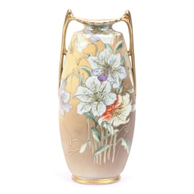 Vase, Nippon Wreath Mark, Brown Tones, Colorful Lily Decor