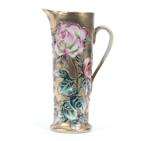 Pitcher, Nippon Maple Leaf Mark, Yellow and Gold Ground, Rose Decor, Raised Gold Border Highlights