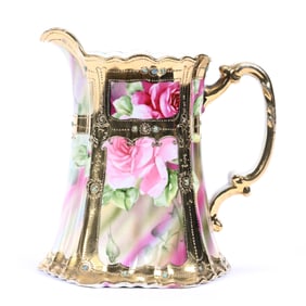 Pitcher, Nippon Maple Leaf Mark, Pastel Sections With Rose Decor, Gold Frame