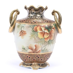 Vase, Nippon Wreath Mark, Brown Tones, Orange Blossom Decor, Large Ring Handles