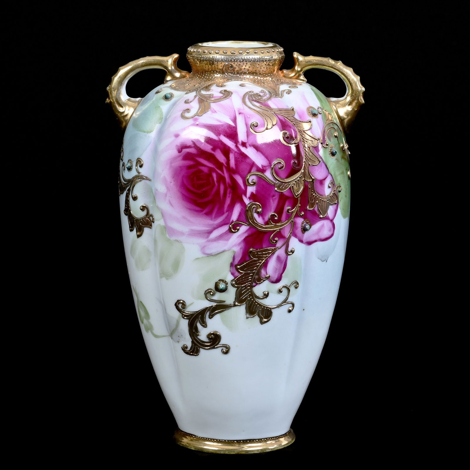 Vase, Nippon Maple Leaf Mark, Blue, Green and White Tones, Pink Rose Decor (1 of 3)