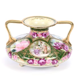 Vase, Unmarked Nippon Style, Green and Yellow Ground, Medallion Scene Of Two Women