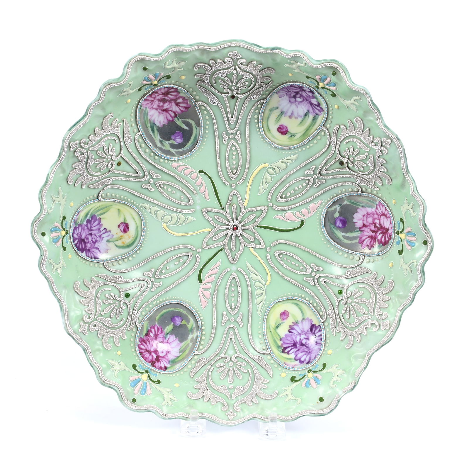Bowl, Six-Sided, Unmarked Nippon Style, Green Ground, Floral Decor Medallions: Bowl, Six-Sided, Unmarked Nippon Style, Green Ground, Floral Decor Medallions, 11.25", Applied Moriaga Highlights, Small Moriaga Chip, Kansas Private Collection.